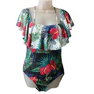 Color sun Tropical Print One Piece Ruffle Swimsuit LG